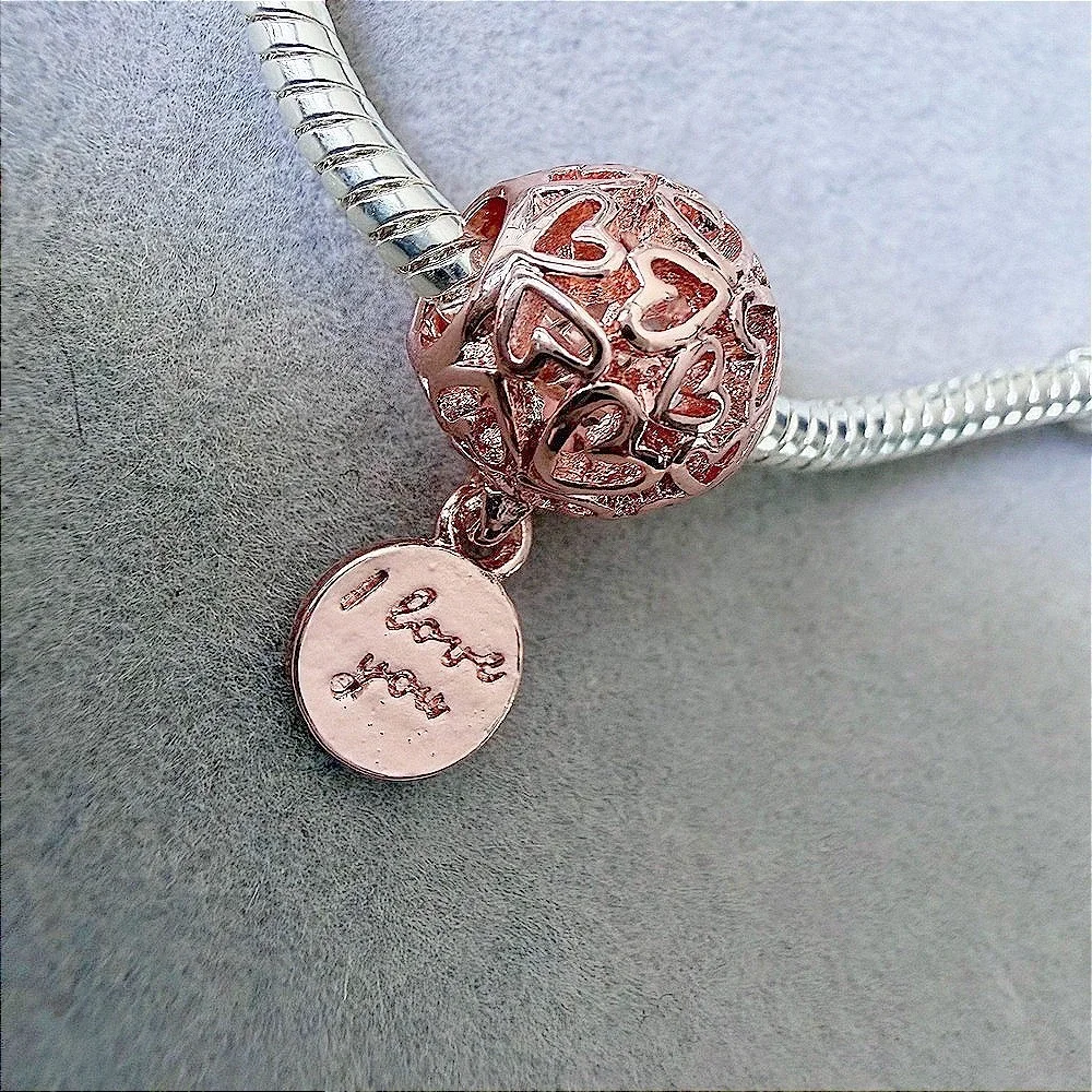 Rose Gold Holo Heart I Love You Dangle European Charm Bead fits PANDORA
